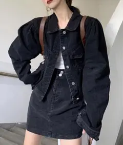 レディース パワショルデニムジャケット+ショートタイトスカート 2点セットアップ