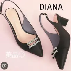 ダイアナ 美品 パンプス 黒 ビジュー リボン 低ヒール ポインテッドトゥ