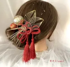 A.51＊赤金＊水引梅飾りと和玉とタッセルの髪飾り＊成人式 和装 卒業式