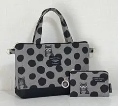 バッグインバッグポーチセット　ドットと猫モチーフ　ミニバッグ　ハンドメイド