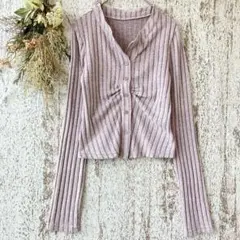美品✨シーイン　ストライプカットソーカーディガン（M）ギャザーパープルa2140のサムネイル