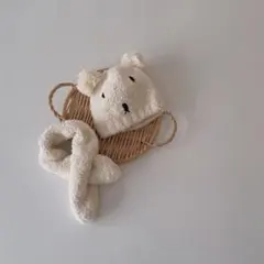 ベビー　ニット帽　マフラー　セット　クマ　ホワイト