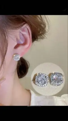 シルバー スクエア型 ジルコニアピアス　韓国風