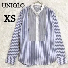 ユニクロ バンドカラーシャツ XS 白×ブルーストライプ 切替デザイン爽やか上品