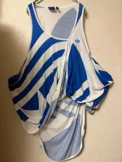 #4361 adidas タンクトップ 総柄 ホワイト ブルー Mサイズ