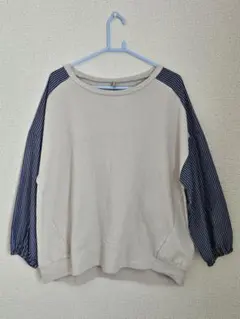 異素材切り替えカットソー ベージュ×ブルーストライプ LL