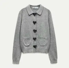 zara グレー　カーディガン　リボン　Lサイズ