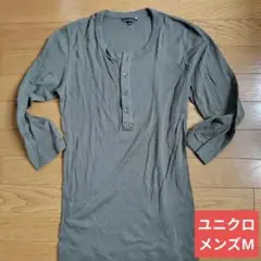 未使用オールドユニクロ メンズM ヘンリーネック 七分袖カットソー カーキのサムネイル