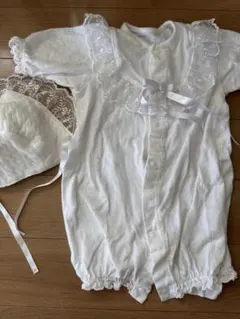 ホワイト ベビードレス フリル付き 帽子付き