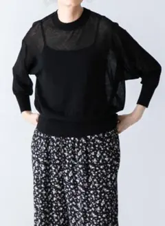 ❁週末セール❁美品　かぐれ　コットンシルクシアーニットプルオーバー　ネイビー☆ ❁週末セール❁美品 かぐれ コットンシルクシアーニットプルオーバー