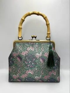 【ハンドメイド】がま口 ハンド バッグ バンブー 持ち手 2点セット　#699 ハンドメイド】がま口 ハンド バッグ バンブー 持ち手 2点セット #699