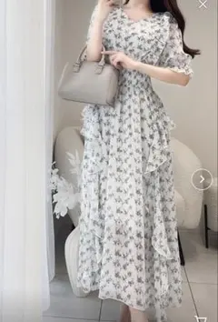 花柄サイドフリルVネックシアーワンピース ホワイト 白