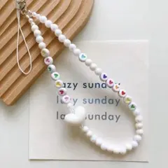 ハンドメイド໒꒱⋆白 ホワイト ハート ビーズ ストラップ スマホ チャーム
