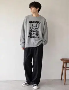 WEGO L ニット セーター 犬柄 フレンチブルドッグ グレー 本日限定セールのサムネイル