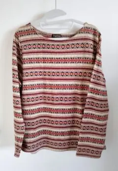 【婦人ミセス】ベージュ系 柄物ボートネック 長袖ニット　L
