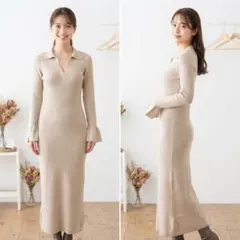 SHEIN リブニット ワンピース ポロ襟 ベージュ Sサイズ ロング丈