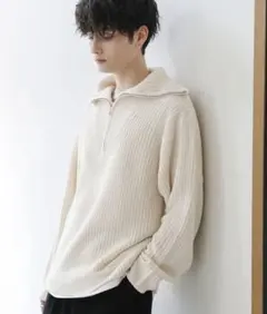 Astronomy ビッグシルエット畦編みハーフジップニット オフホワイト M