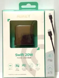 20W PD対応充電器+タイプCtoライトニングケーブル 黒 セット AUKEY