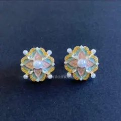 ピアス　ピンクグリーン　ヴィンテージ風　パールビジュー　簡易ラッピング付　228