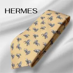 【美品】HELMES エルメス　ネクタイ　イエロー　馬柄　スリム幅