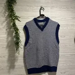 ネイビー ホワイト チェック Vネック ベスト