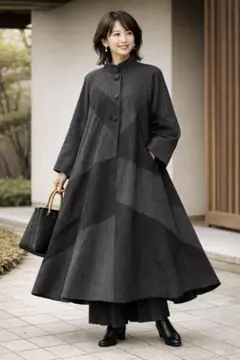 希少 和柄 パッチワーク ロングコート フレア ストライプ 着物風 レトロ 薄手