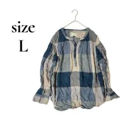 海外古着☆チェック柄長袖シャツ Lサイズ ネイビー系