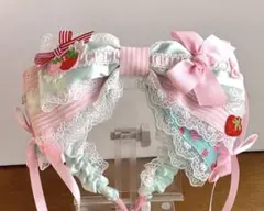 로리타 스타일 딸기 무늬 레이스 리본 카츄샤 민트