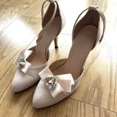 リボン付きビジュー ベージュハイヒール　S size