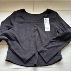 GU ジーユー　コットンブレンドリブクロップドヘンリーT(長袖)(ドライ)黒