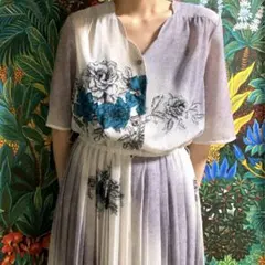 日本製　古着　花柄　プリーツ　ロング　ワンピース　半袖　総柄　レトロ　クラシカル