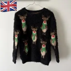 トナカイ柄　クリスマスセーター　シャギーセーター　モヘア調　黒　イギリス購入