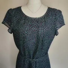 ネイビー、グリーン 模様 ベルト付半袖ワンピース(Lサイズ)即日発送可