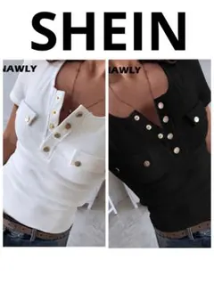 SHEIN ゴールドボタン リブTシャツ 2枚セット
