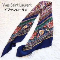 タグ付 イヴサンローラン 花柄 シルク 100% 大判 スカーフ 薄手 ネイビー