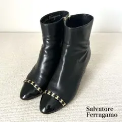 フェラガモ ショートブーツ レザー ヴァラリボン 黒 23.5cm