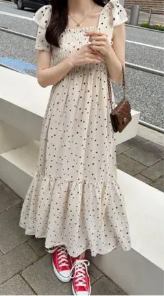 ハート柄ショルダーリボンロングワンピース GRL