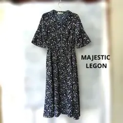 MAJESTIC LEGON 花柄 シャツワンピース ネイビー　ベルスリーブ