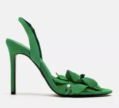 ZARA グリーン フラワー　レザー　ハイヒール ミュール　37のサムネイル