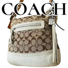 【良品】COACH ショルダーバッグ シグネチャー キャンバス ベージュ×白