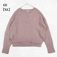 美品✨️GU ジーユー【XL】ケーブル編み Vネック ニットプルオーバー ピンク