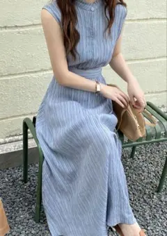 フレンチスリーブバックリボンマキシ丈ワッシャー　ワンピース