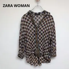 ZARA WOMAN【美品】シャツ　長袖　透け感　総柄　深ネック【Mサイズ】