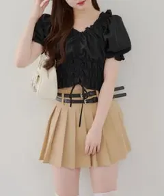 나이스크랩 셔링 반소매 블라우스 레이스 업 리본 블랙 F