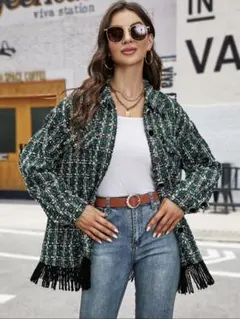 SHEIN ツイードシャツジャケット グリーンのサムネイル