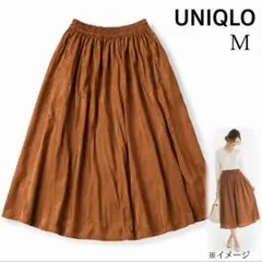 UNIQLO ユニクロ M 光沢フレアロングスカート ブラウン ウエストゴム上品