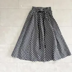 ロングスカート ギンガムチェック フレアスカート ウエストゴム　ウエスト紐 M