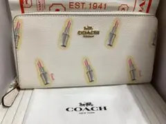未使用美品コーチCOACH 口紅プリント 長財布ラウンドファスナー本物