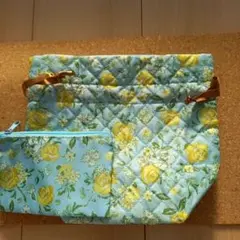 キルティング巾着&ミニポーチセット　ブルー系　フラワー柄