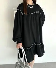 新品未使用 kutir 配色メロースウェットミニワンピース ブラック